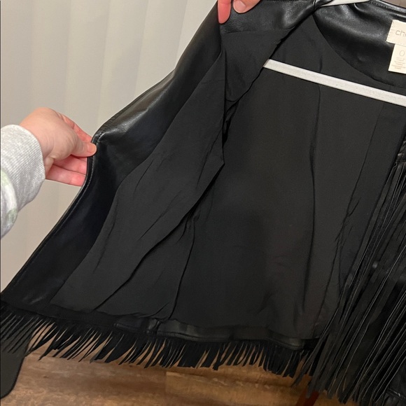 Sleek Chico’s Black Faux Leather Fringe Open Front Long Sleeve Jacket - Picture 12 of 13